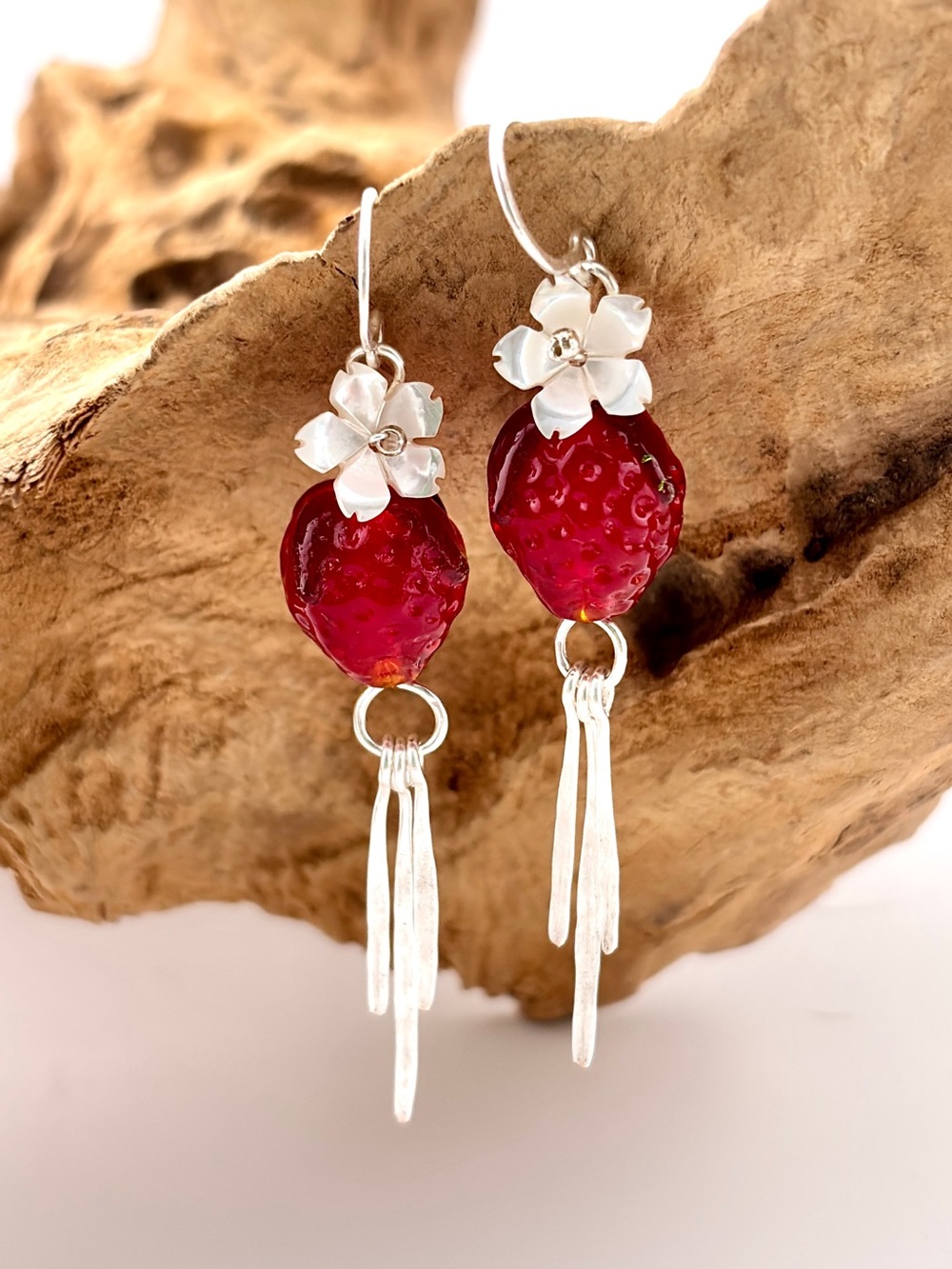 HANDMADE Lampwork Glass Strawberry Silver Filled Wire Wrapped Dangle Earrings